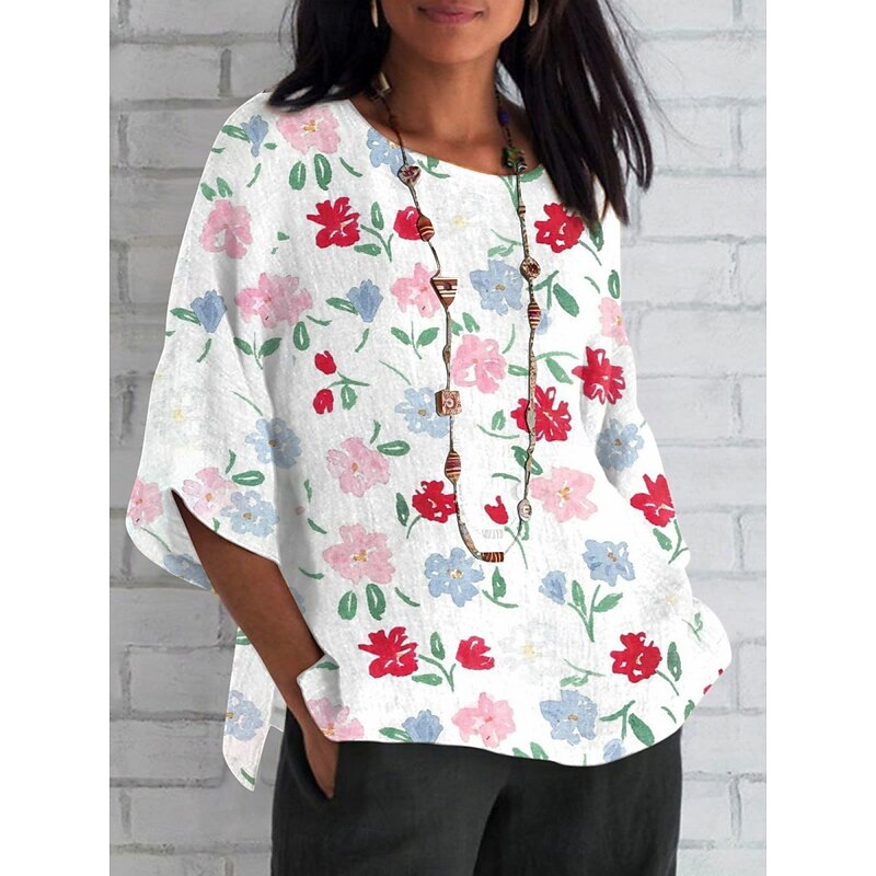Women's Shirt Floral Daily Casual 3/4 Length Sleeve Crew Neck Regular Tops Daily Holiday Print White Blue Green Summer Spring Fall3