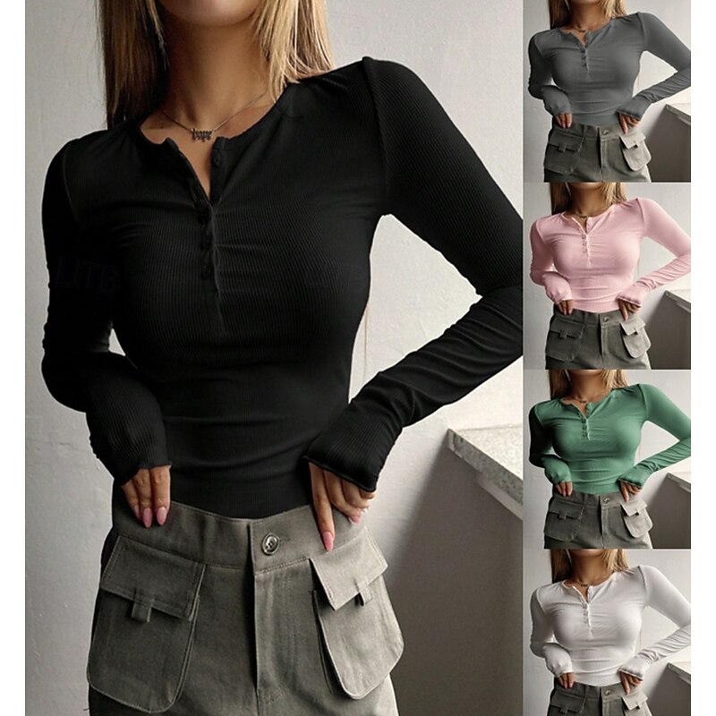 Women's Blouse Solid Color Stylish Basic Casual Long Sleeve Crew Neck Regular Tops Daily Buttons Black White Pink Green Gray Summer Spring Fall