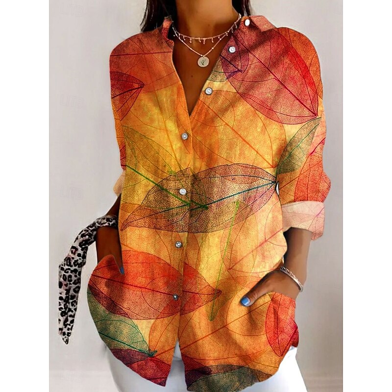 Women's Shirt Button Down Tunic Shirt Collar Long Sleeve Graphic Leaves Elegant Vintage Tropical Regular Tops Work Daily s Print Pink Orange Green Spring Fall