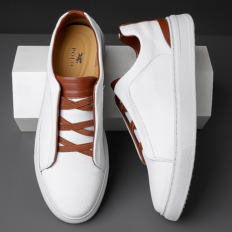 Men's White Casual Sneakers with Brown Accents Comfortable Daily Shoes for Office and Travel2