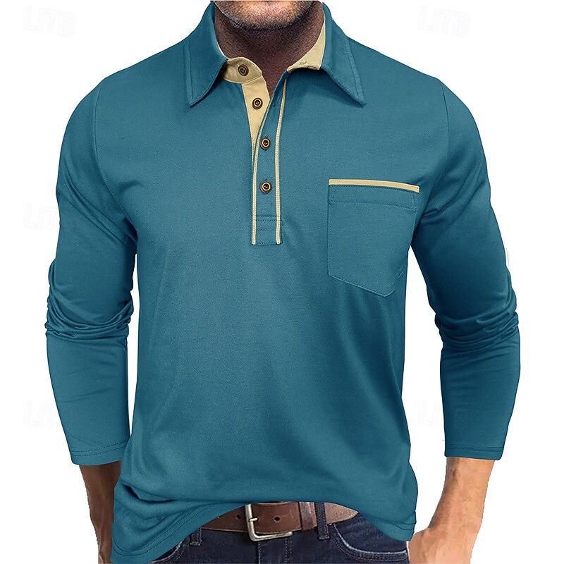 Men's Golf Shirt Golf Polos Shirts Work Casual Lapel Long Sleeve Basic Modern Color Block Pocket Buttons Spring Fall Regular Fit Apricot Black Navy Blue Blue Army Green Dark Blue Golf Shirt