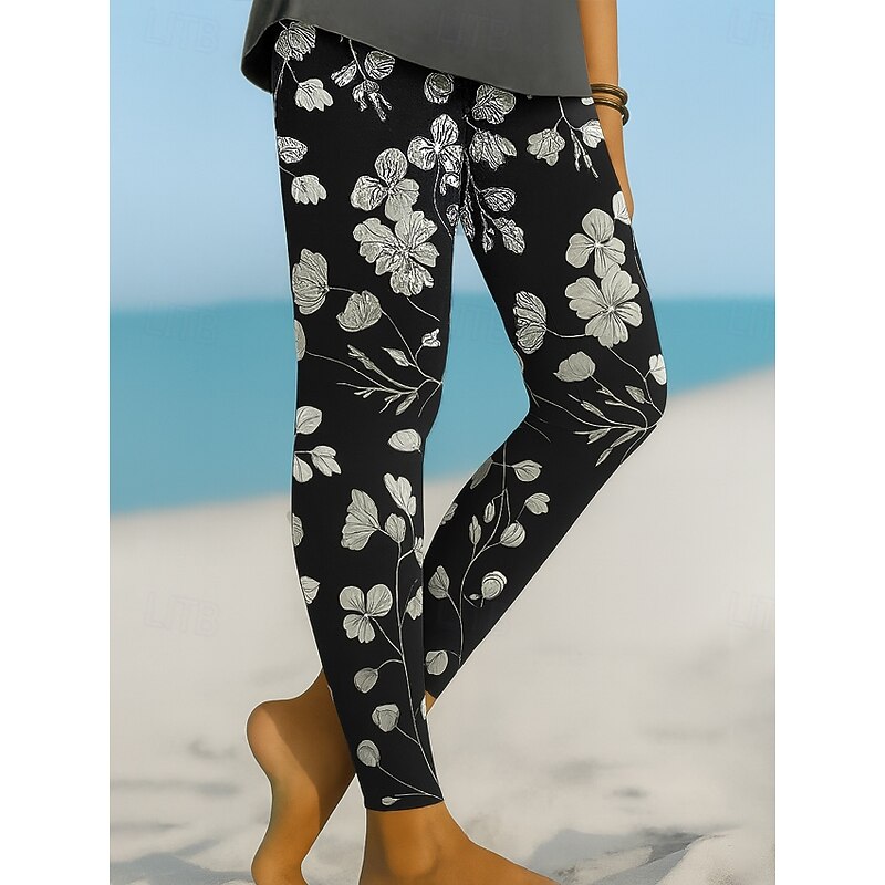 Women's Leggings Vacation Vintage Ethnic Style Ankle-Length High Waist Floral Graphic 3D Print Quick Dry Breathability Soft Stretchy Outdoor Home Causal Black Navy Blue Green Spring Fall Slim Fit3
