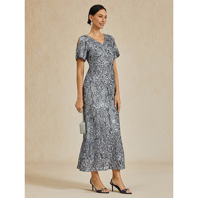 Women's Maxi Dress Sheath Dress Trumpet Mermaid Dress Elegant Party Cocktail Cold Shoulder Evening Party Cocktail Party Floral Short Sleeve V Neck Gray Summer Spring Fall Winter