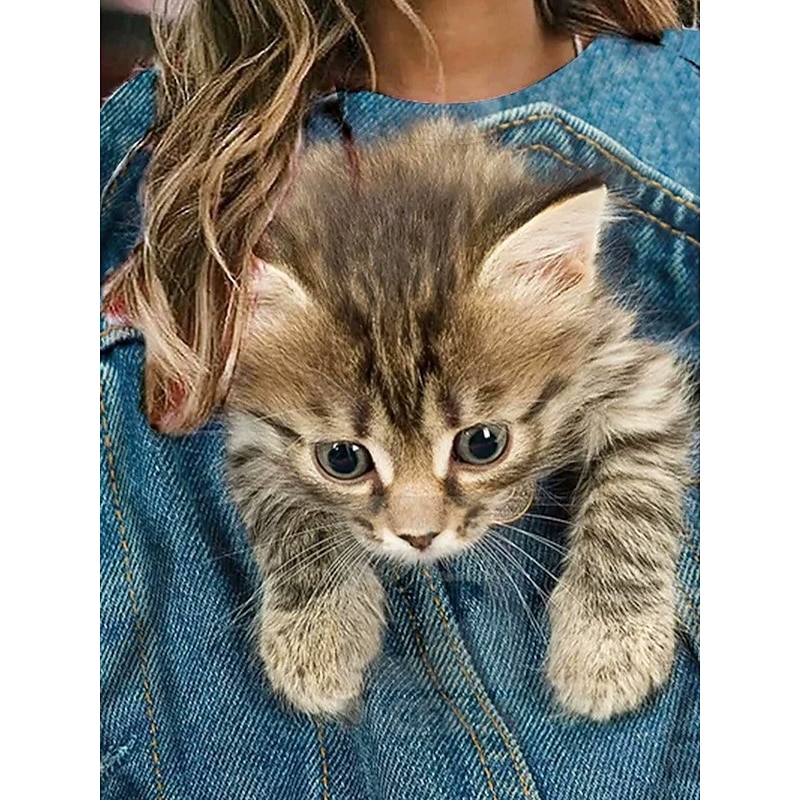 Women's Pullover Sweatshirt Hoodies Graphic Animal Cat Fashion Casual Long Sleeve Crew Neck Round Neck Regular Tops Street Dailywear Print Denim Blue Spring Fall Winter2