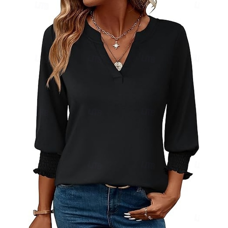 Women's Blouse Solid Color Stylish Casual 3/4 Length Sleeve V Neck Regular Tops Daily Print Black White Green Summer Spring Fall3