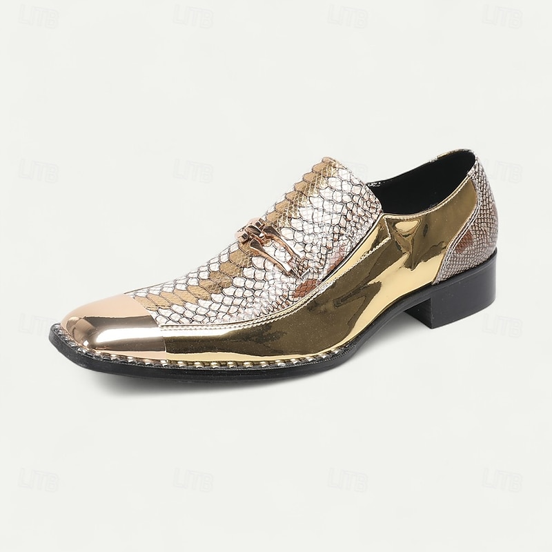 Men's Gold Crocodile Texture Genuine Leather Loafers Glossy Finish with Chain Accent for Formal Parties Weddings Stage and Clubwear3