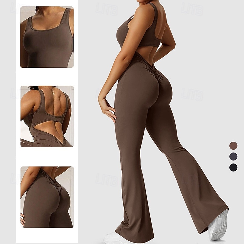 Women's Scrunch Yoga Romper Workout Jumpsuits Backless Solid Color Bodysuit Black Coffee Gym Workout Volleyball Running High Waist Stretchy Breathable Tummy Control Sport Activewear Tight Fit