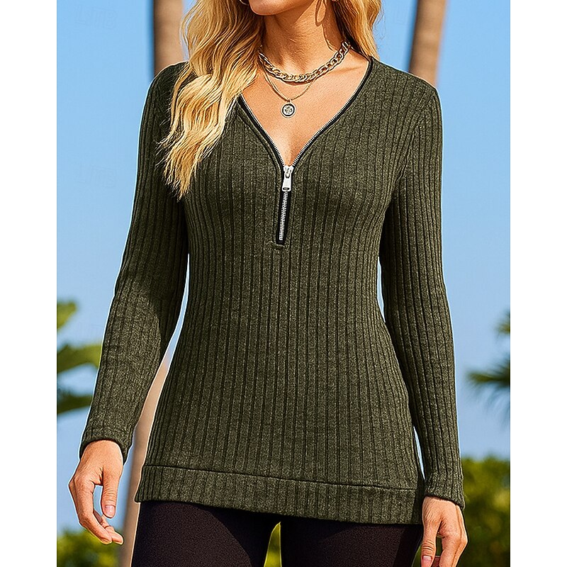 Women's Pullover Sweatshirt Casual Tops Zip Up Long Sleeve Top Athleisure Fall V Neck Solid Colored Breathable Outdoor Running Sportswear Activewear Black Army Green Burgundy