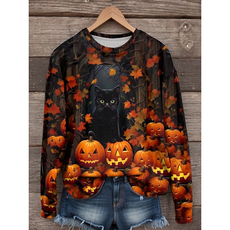 Halloween Women's Sweatshirts Witch Graphic Casual Long Sleeve Crew Neck Regular Tops Street Dailywear Print Black Yellow Orange Fall Winter3