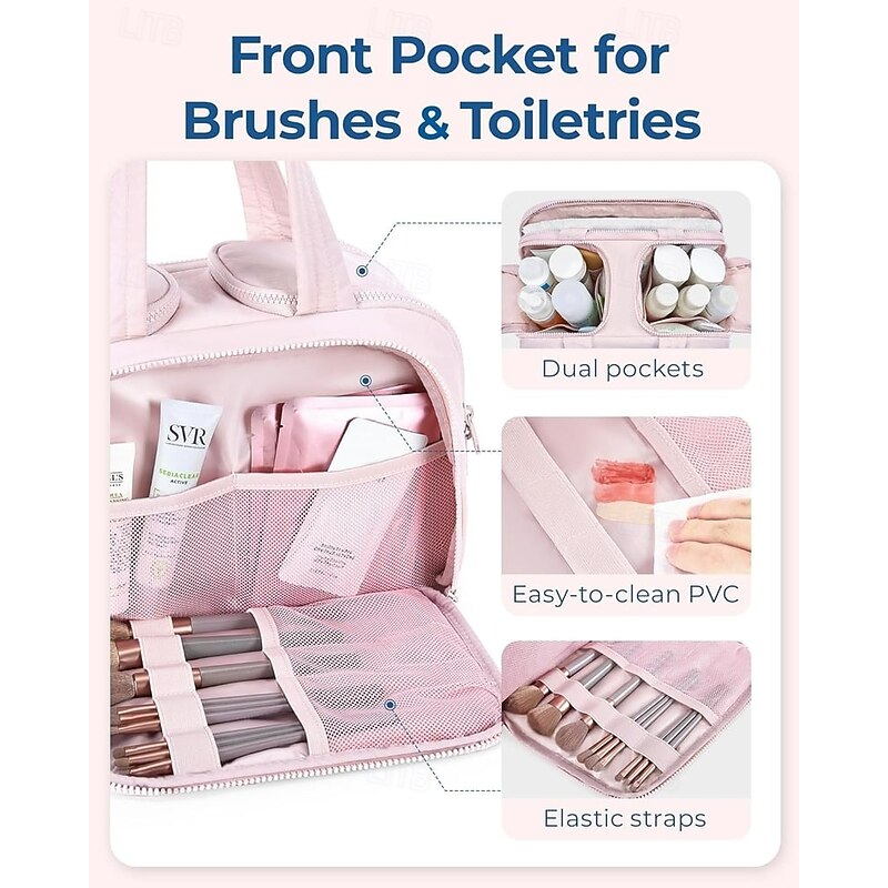 Large Capacity Wide Open Travel Cosmetic Bag Double Zipper Plush Makeup Organizer for Women Premium Portable Toiletry Bag for Travel and Daily Use4