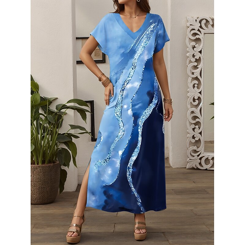 Women's Midi Dress Sundress A Line Dress Vacation Casual Boho Going out Loose Fit Ombre Graphic Geometric Short Sleeve V Neck Navy Blue Blue Sky Blue Purple Summer Spring Fall4