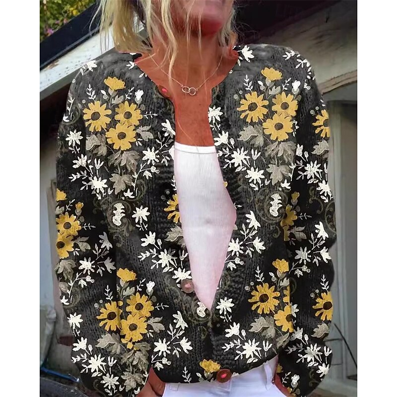 Women's Sweater Cardigan Fashion Streetwear Daily Floral Ribbed Open Front Knitted Print Long Sleeve Crop Tops Knit Holiday Going out Weekend Yellow Blue Fall Winter