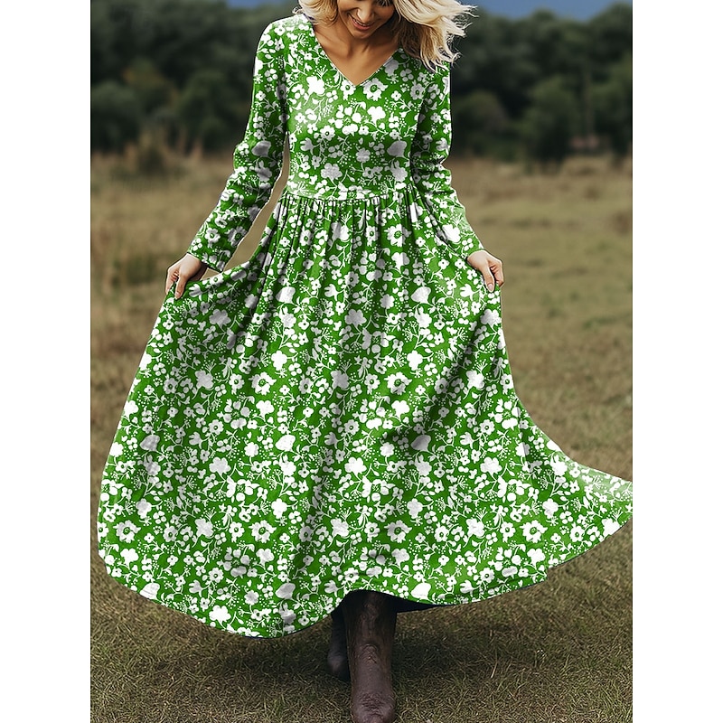 Women's Maxi Dress A Line Dress Vacation Casual Boho Beach Regular Fit Floral Graphic Long Sleeve V Neck Red Blue Purple Green Spring Fall2