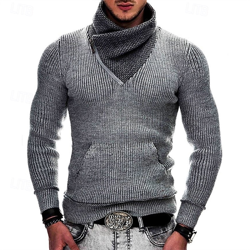 Men's Sweater Pullover Sweater Jumper Ribbed Knit Regular Tops Knitted Slim Fit Plain Shawl Knitwear Fashion Casual Daily Wear Clothing Apparel Winter Black White S M L