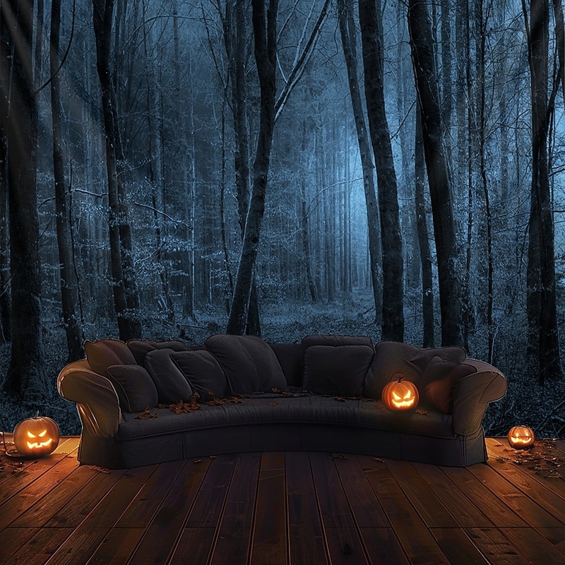 Halloween Forest Scene Wall Tapestry Backdrop – Spooky Dark Woods with Jack-o'-Lanterns, Creepy Night Atmosphere, Haunted Home Decoration for  2025 Halloween bedroom and livingroom
