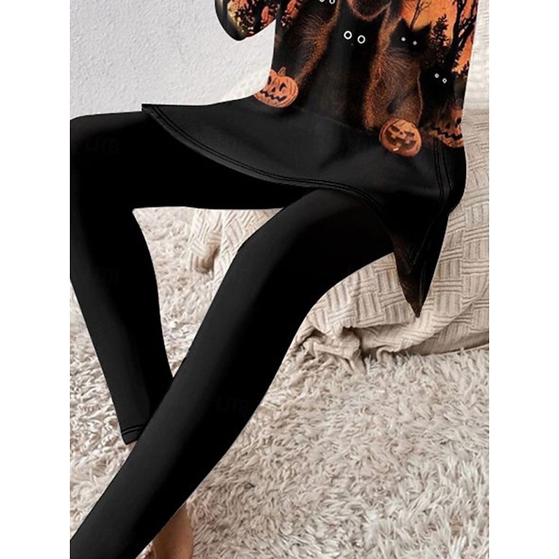 Halloween Women's Pajama Set Loungewear Round Neck Long Sleeve Casual Fashion Pants Sets Graphic Print Daily Daily Black Orange Regular Fit3