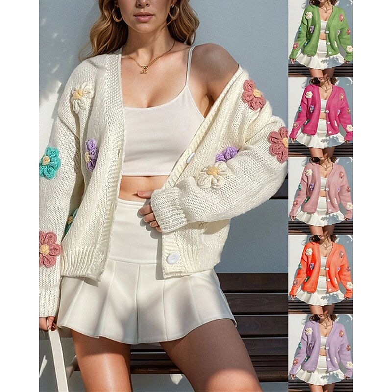 Women's Sweater Cardigan Fashion Streetwear Daily Floral Ribbed Open Front Knitted Long Sleeve Regular Tops Knit Holiday Going out Weekend White Pink Fall Winter