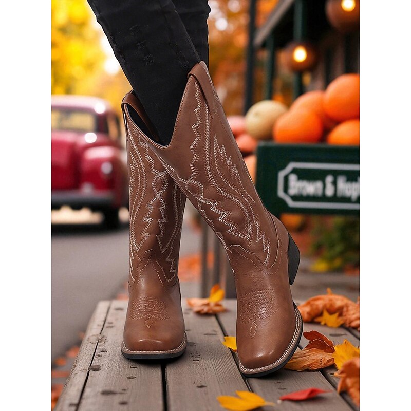 Women's Western Cowboy Boots with Embroidered Stitching – Faux Leather Mid-Calf Boots for Fall Festivals, Farm Work & Country Outfits2