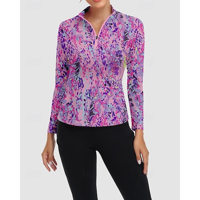 Women's Floral Botanical Golf Polo Shirt Tennis Shirt Long Sleeve Print Quarter Zip Pullover UV Protection Elastic Breathable Tennis Golf Pickleball Zip Collar Shirt Polo Purple Tennis Clothing