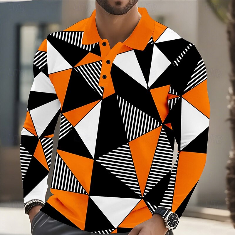 Men's Abstract Geometic Polo Long Sleeve Polo Shirts Lapel Casual Athleisure Daily Wear 3D Print Buttons Spring Fall Winter Red Blue Orange2