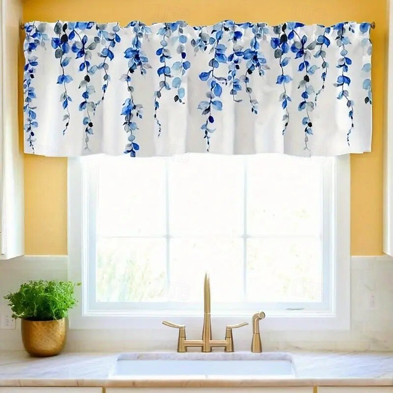 Fashionable Blue Floral And Leaf Printed Kitchen Short Curtains Pole Mouth Design For Kitchen Bathroom And Living Room - Machine Washable Polyester Fiber Home Decoration 54x18 Inches2
