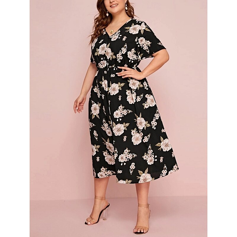Women's Plus Size Casual Dress Floral V Neck Short Sleeve Summer Spring Elegant Fashion Modern Casual Midi Dress Daily Holiday Dress2
