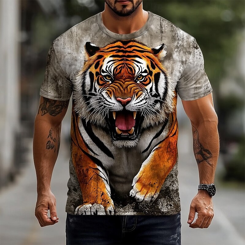 Men's Animal Tiger T Shirt Short Sleeve T shirt 3D Print Crew Neck Shirt Fashion Exaggerated Daily Party Street Casual Black Gray Summer Spring All Seasons Clothing Apparel S M L XL XXL XXXL2