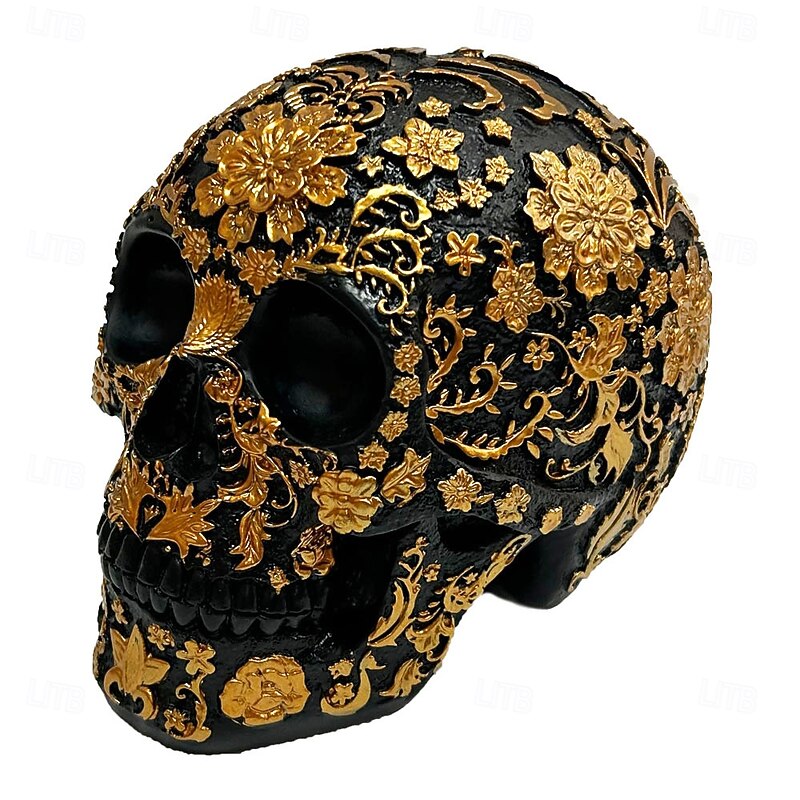 Halloween Resin Figurine Floral Skull Ornament Detailed Pattern Gothic Resin Head Bar Table Decor Unique Halloween Spooky Craft Home Party Decoration Accessory3