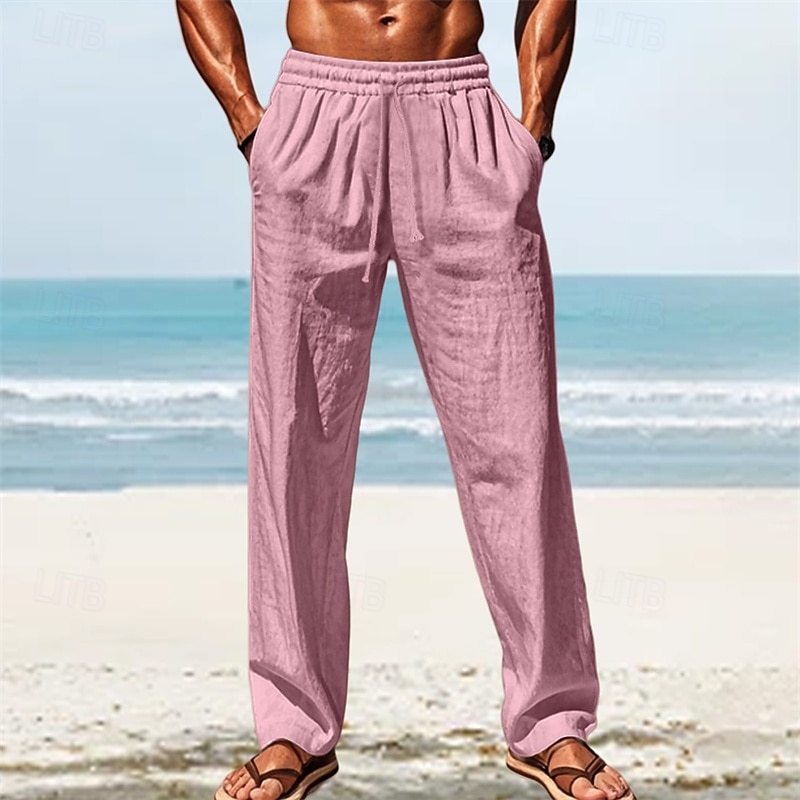 Men's Linen Pants Trousers Summer Pants Beach Pants Pocket Elastic Waist Drawstring Plain Comfort Breathable Vacation Daily Holiday Hawaiian Boho White Dark Red2