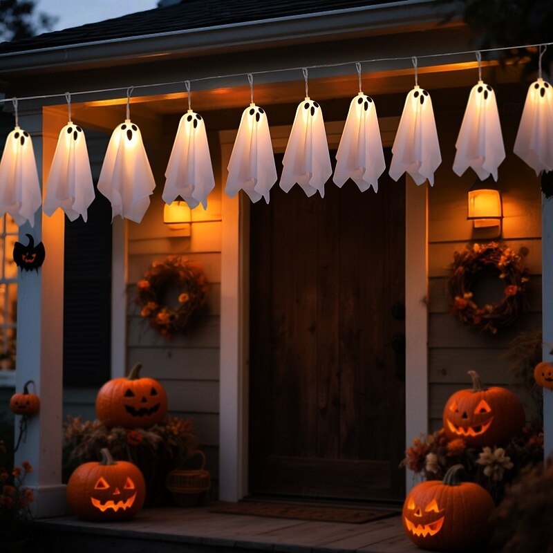 1 Pc Halloween 2.5M 10 luminous hanging ghost ghost light string AAA waterproof battery box 8 function remote control indoor and outdoor courtyard party Halloween atmosphere decoration light2