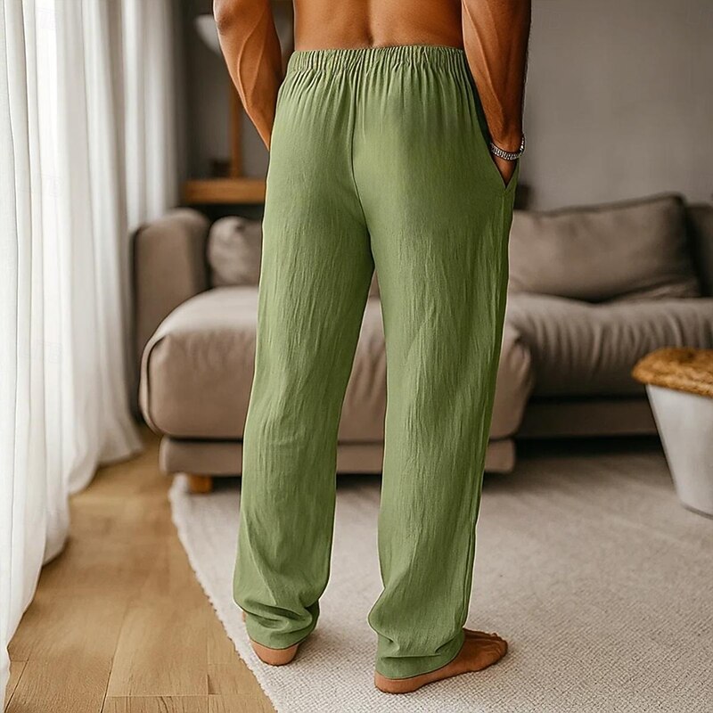 Men's Linen Pants Trousers Summer Pants Baggy Pants Pocket Elastic Waist Drawstring Plain Comfort Breathable Full Length Casual Daily Holiday Vacation Fashion Loose Fit Black Green Inelastic2