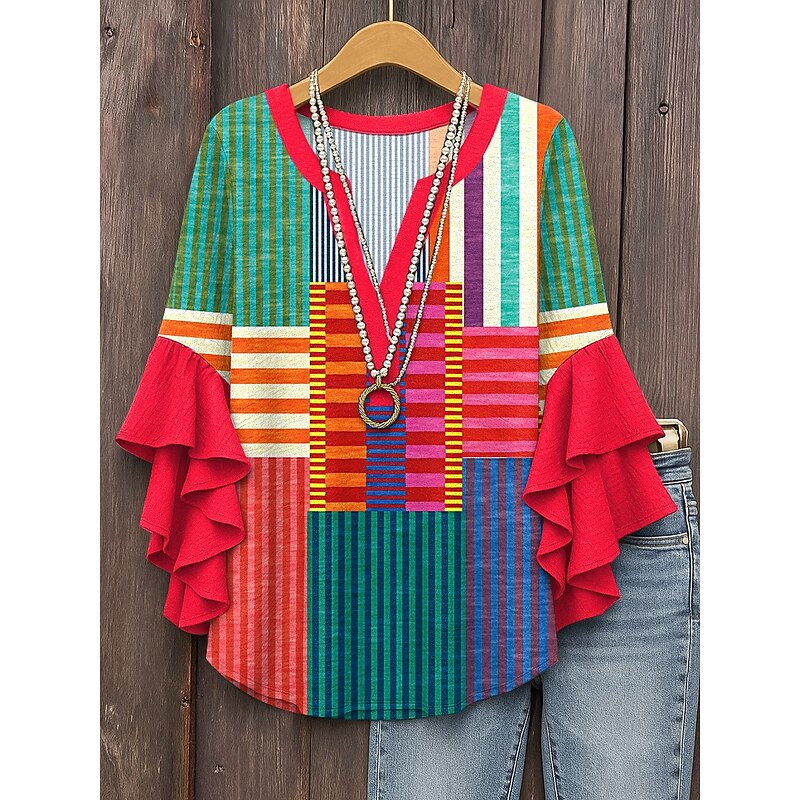 Women's Blouse V Neck Graphic Geometric Striped Elegant Bohemia Ethnic 3/4 Length Sleeve Regular Tops Daily Holiday Vacation Wear Ruffle Print Yellow Red Light Brown Blue Summer Spring Fall3