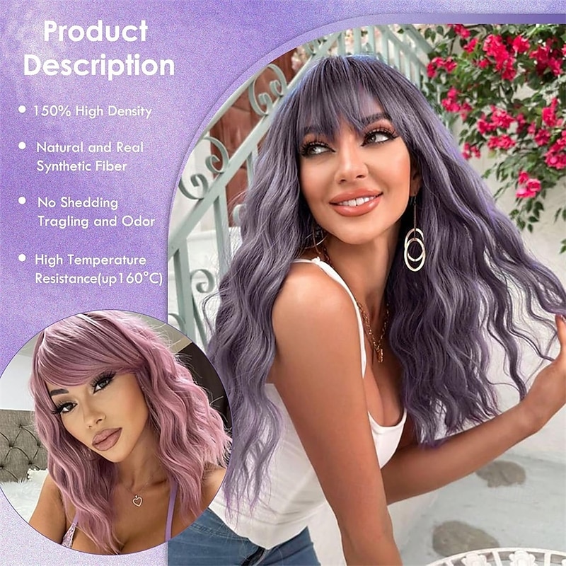 Long Ombre Light Purple Wavy Wig with Bangs Dark Root Ombre Gray Purple Wigs Natural Looking Heat Resistant Synthetic Fiber Wig For Party Cosplay Daily Halloween4