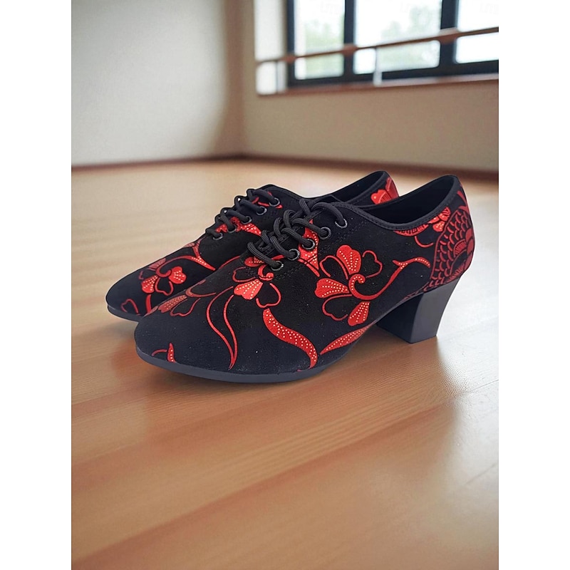 Women's Black and Red Floral Lace-Up Dance Shoes - Chunky Heel Professional Ballroom Practice Shoes for Female Dancers and Latin Training2