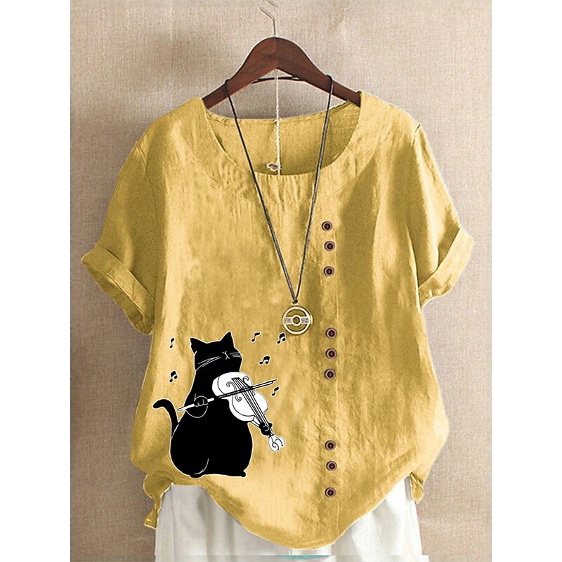 Women's Cotton Linen Shirts Animal Cat Elegant Vintage Tropical Sleeveless Short Sleeve Crew Neck Regular Tops Daily Holiday Vacation Wear Buttons Grass Green White Yellow Pink Army Green Summer4