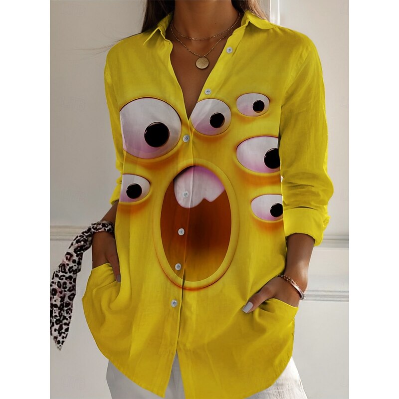 Women's Cartoon Funny Smile Face Shirt  Active Daily Stylish Long Sleeve Shirt Collar Regular Tops Daily Holiday Buttons Print Yellow Spring Fall