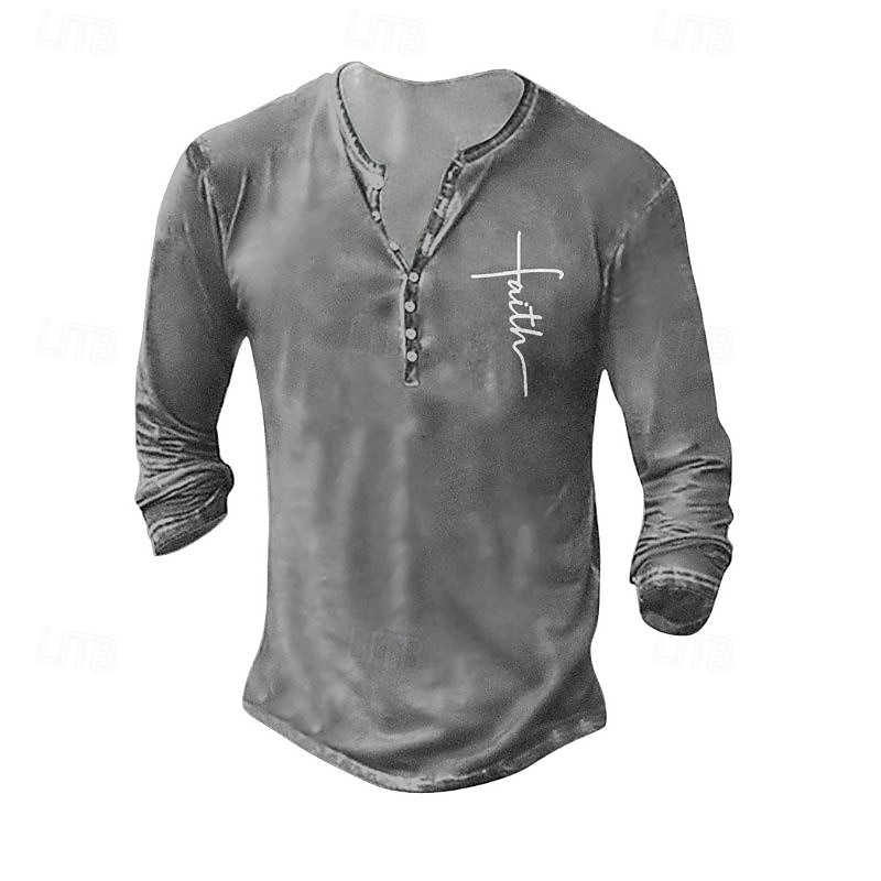 Men's Henley Shirt Tee Tee Top Long Sleeve Shirt Long Sleeve Henley Summer Fall Pattern Faith Fashion Designer Fashion Vintage Vacation Street Going out Dark Grey Black White Top Tee for Men