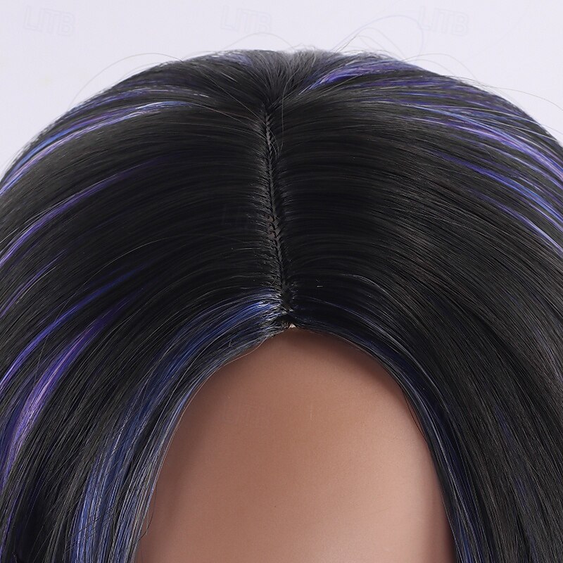 Medium Length Blue Straight Wig for Women – No Bangs, Middle Part, Natural Look, Full Head Cap, Perfect for Halloween, Cosplay, and Everyday Wear3