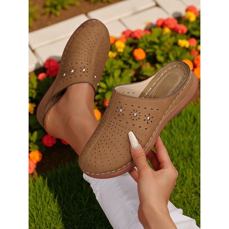 Women's Cutout Slip-On Mules – Breathable Comfort Clogs for Casual Days, Backyard Relaxing and Patio Tea Time4