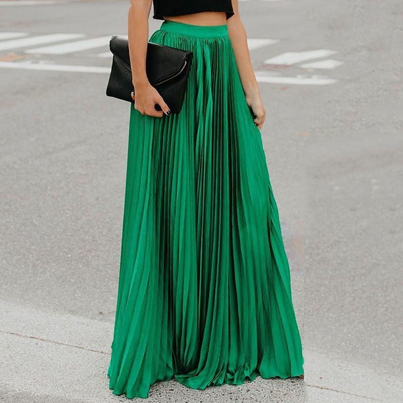 Women's Skirt Fashion Maxi High Waist Skirts Plain Pleated Micro-elastic Casual Daily Black Pink Red Green Summer Polyester