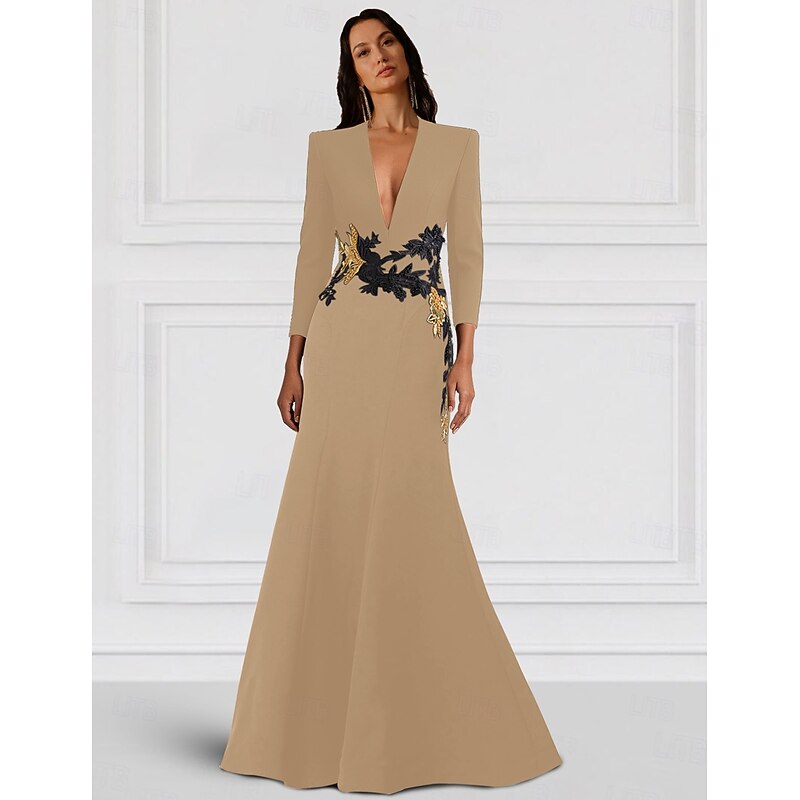 Tuxedo Dress Mermaid / Trumpet Mermaid Formal Wedding Wedding Guest Stretch Crepe Elegant Long Sleeve Floor Length V Neck3