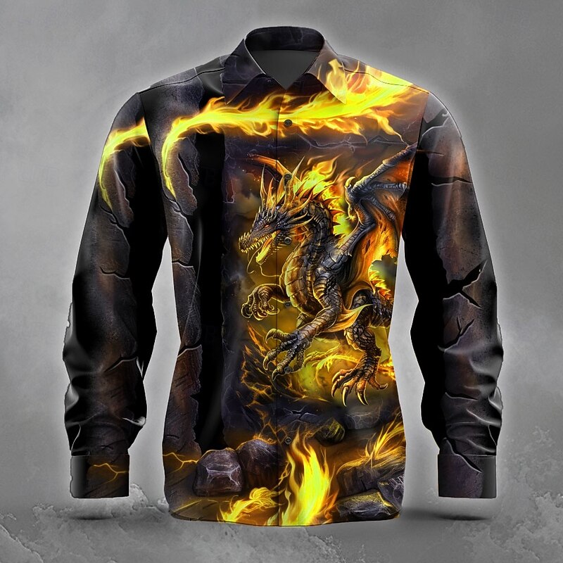 Men's Animal Dragon Ripped Shirt Button Up Shirt Long Sleeve Dark Punk Gothic Style Holiday Streetwear Summer Spring Turndown 3D Print Collared Shirts Yellow Purple Orange Green4