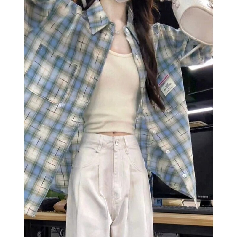 Women's Shirt Plaid Daily Stylish Basic Long Sleeve Shirt Collar Regular Tops Work Daily Holiday Buttons Yellow Pink Blue Spring Fall
