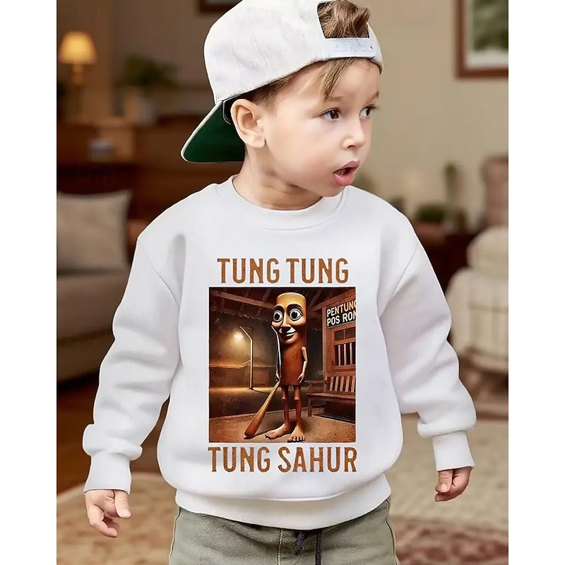Boys' Casual Long Sleeve Crewneck Sweatshirt with Cartoon Character Design - TUNG TUNG TUNG SAHUR Print Baseball Bat Graphic Spring Fall Fashion Basic Kids 4-12 Years Outdoor Casual Daily Regular Fit3