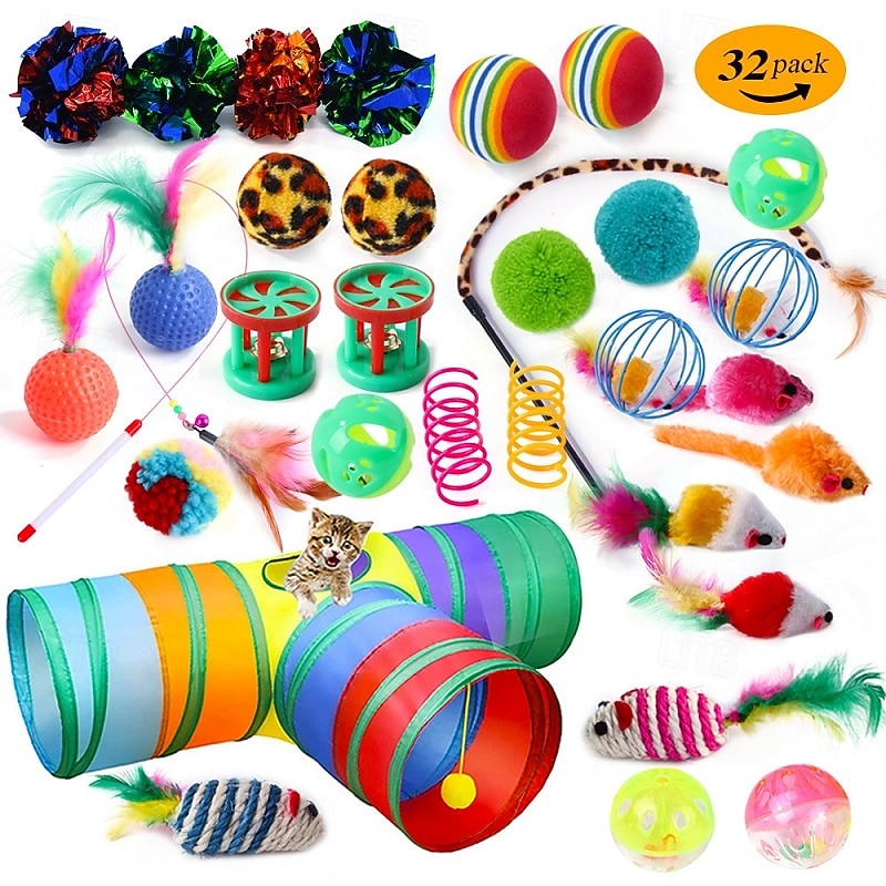 32pcs Ball Feather Toy Mice & Animal Toy Tunnels Squeak Toy with Durable Pet Exercise Releasing Pressure Pet Training Teething Rope Toy for Cat Indoor Outdoor Pet Play