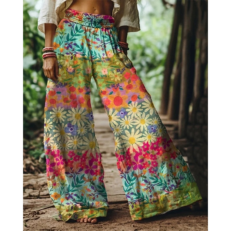 Women's Wide Leg Pants Trousers Palazzo Pants Fashion Boho Full Length High Waist Flower Elastic Waist Print Breathability Comfortable Street Daily Wear Going out Blue Orange Green Spring Fall3