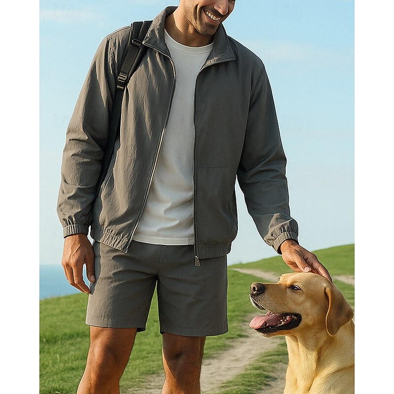 Men's Tracksuit Sweatpants Zip Up Sweatshirt Zipper Pocket Solid Colored Clothing Suit Summer Black Red Fishing Hiking Outdoor Sun Protection Windproof Lightweight Long Sleeve Sport Activewear