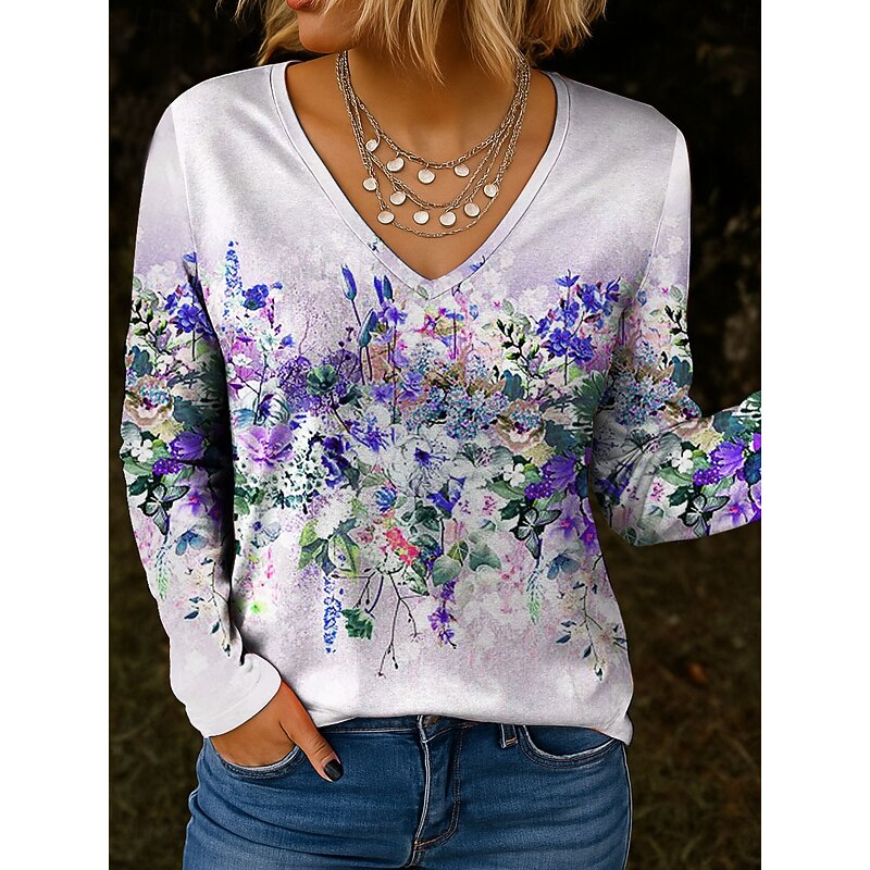Women's T Shirt V Neck Long Sleeve Tunic Floral Graphic Plants Vintage Stylish Classic Regular Tops Daily Print Yellow Pink Purple Green Spring Fall4