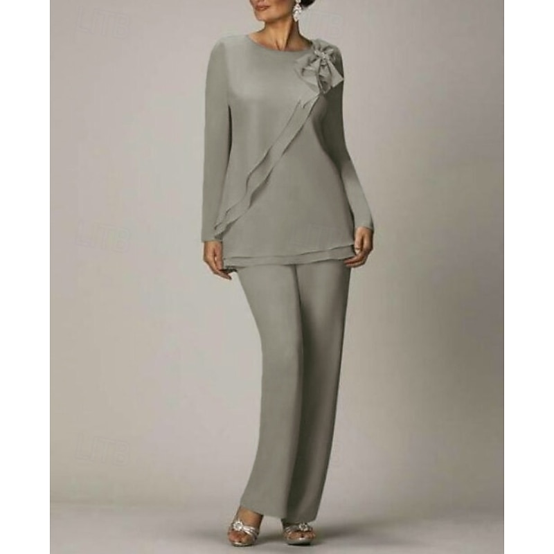 Beach Wedding Two Piece Pantsuit Mother of the Bride  Wedding Guest Elegant Plus Size Jewel Neck Floor Length Chiffon Long Sleeve with Bow(s) Ruffles