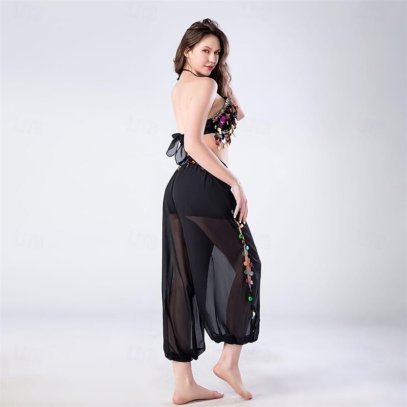 Women's Belly Dance Pants Elastic Wasited Coin Lantern Pants Side Split Sequin Shiny Harem Arabian India Performance Trousers3